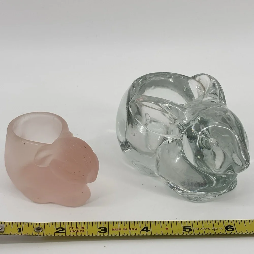 2 Vintage Indiana Glass Bunny Rabbit Votive‎ Candle Holder Pink Satin & Clear